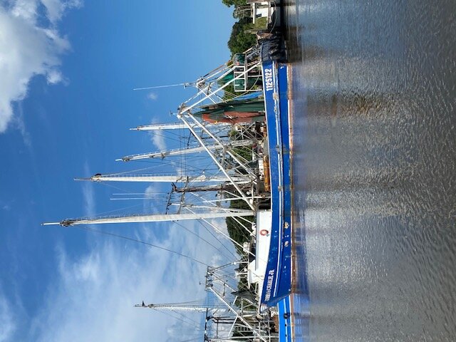 Blue docked boat